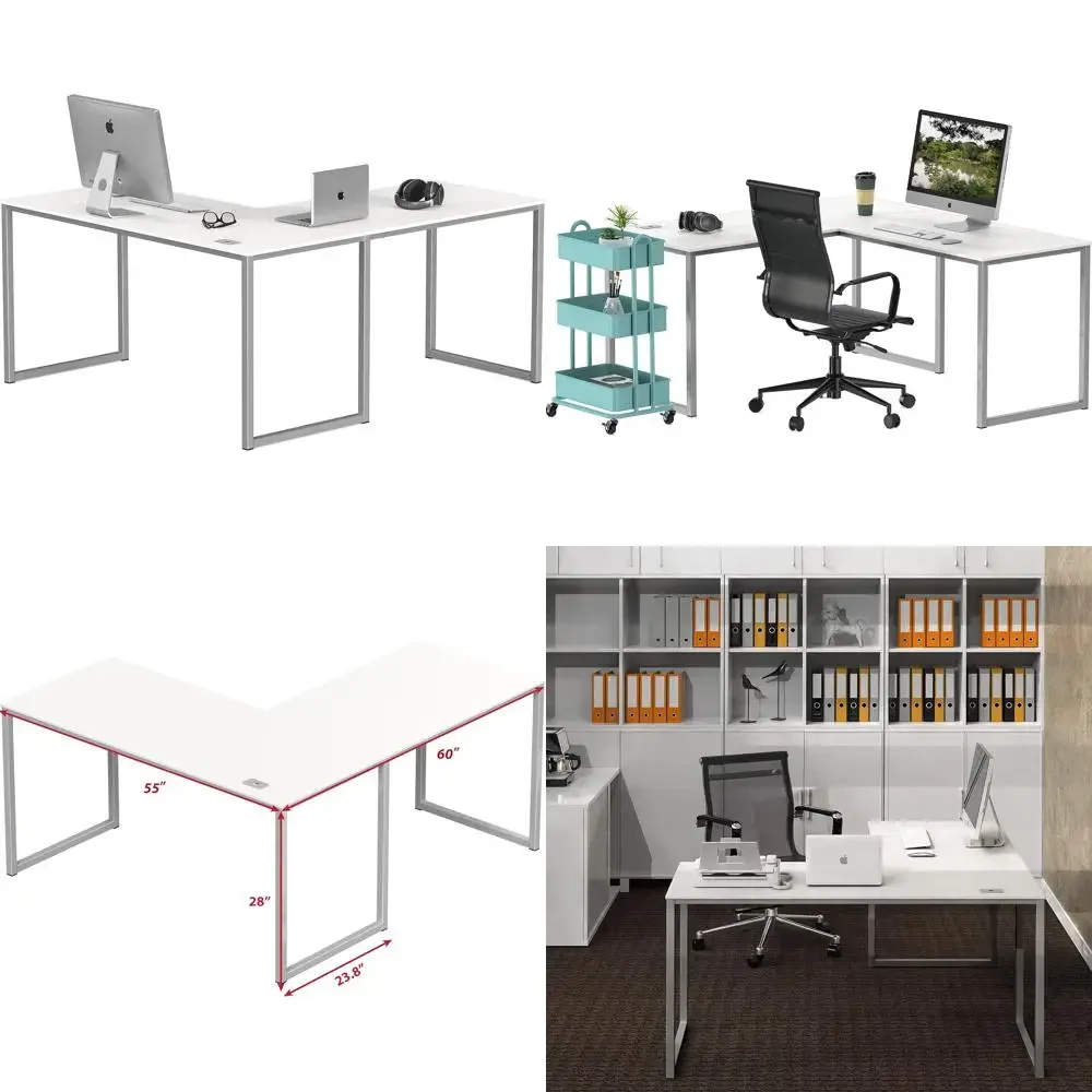 

L-Shaped Corner Desk, 55 x 60 Inches, White, Modern Home Office Computer Desk