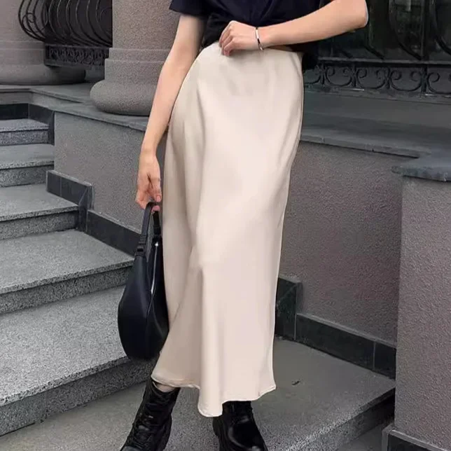 

Autumn and Winter New Imitation Acetic Acid Satin High Waisted A-Line 2024 Commuting Temperament Long Skirt