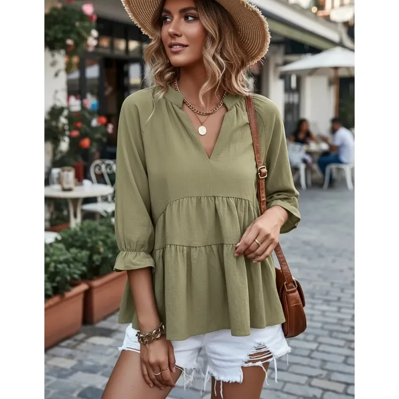 Customized Womens 3 4 Sleeve V Neck Babydoll Blouses Casual Personalized Custom Loose Fitted Daily Wear Blouses Shirts