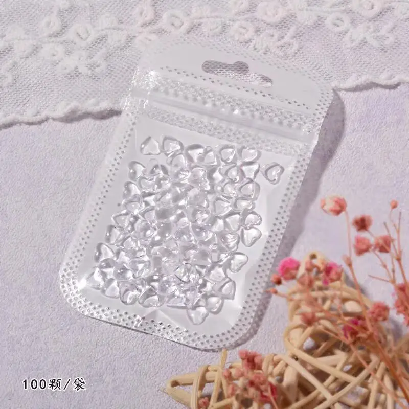 100Pcs 3D Clear Love Heart Crystal Nail Art Decoration 4-6mm Resin Flat Nails Charm DIY Japan Ice Through Jelly nail Parts Decor