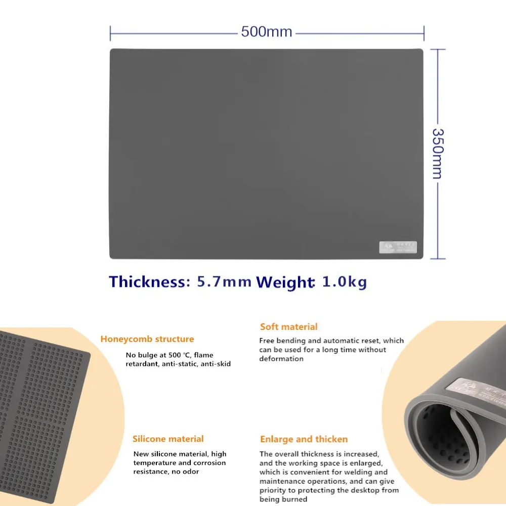 OSS Gray Anti-scalding Silicone Pad 500*350*5.7mm for Phone Tablet Computer Electronics BGA CPU IC Chips Soldering Repair Mat