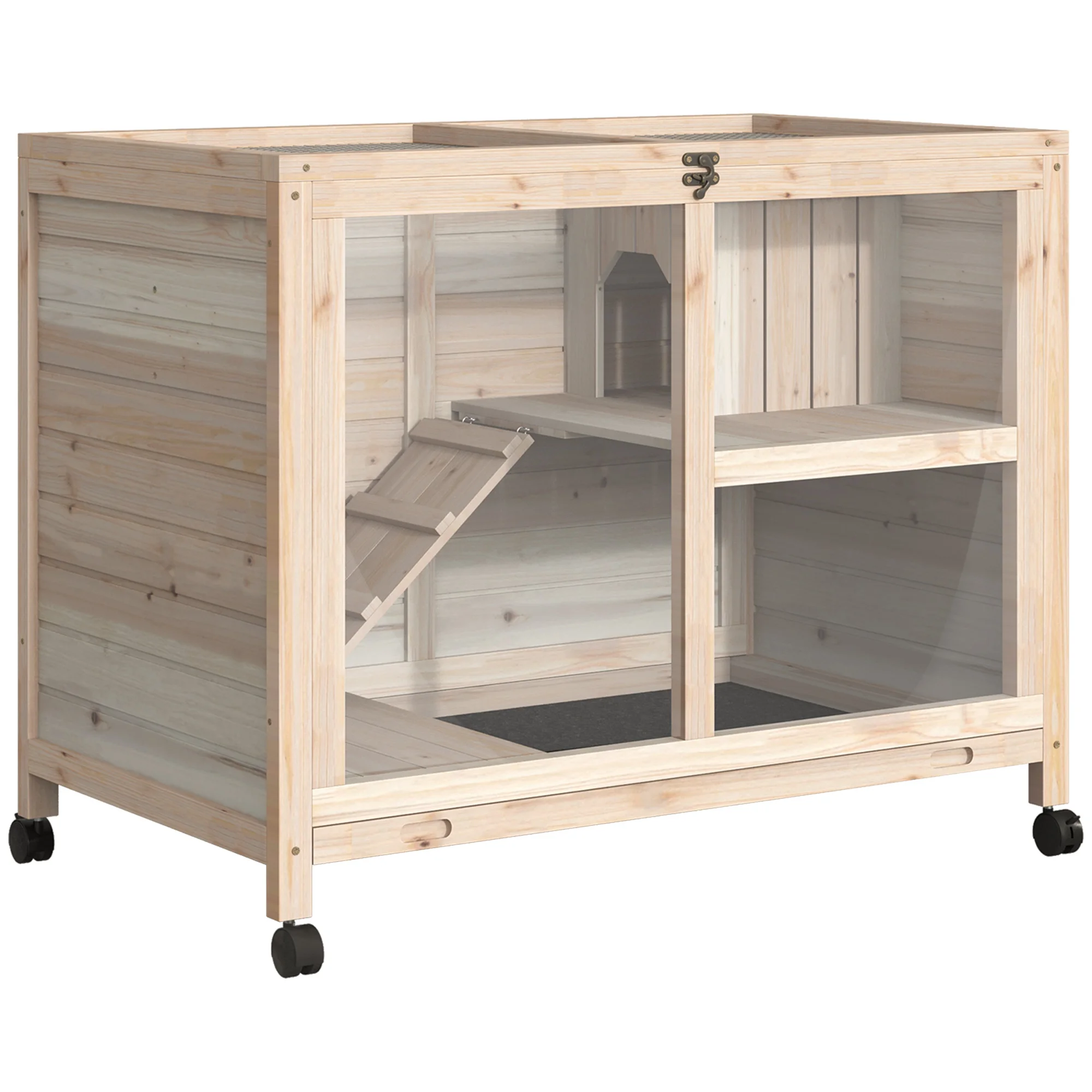PawHut Conejera de Madera con Ruedas 91,5x53,3x73 cm Techo Abatible Bandeja
