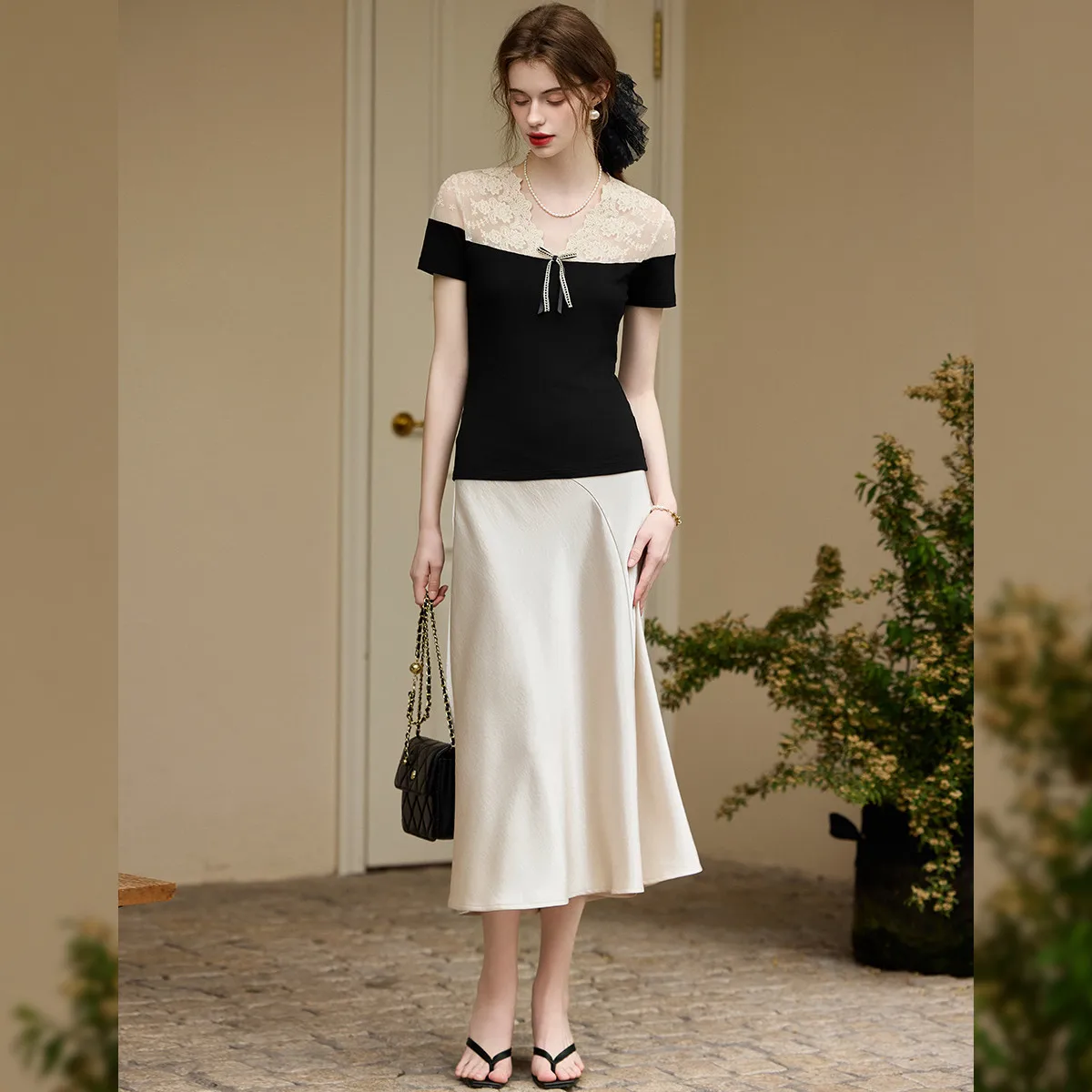 LOUISYAO 2026 Summer Lace Short Sleeve T-Shirt Women V Neck Bow Tie Slightly Stretch Knit Woven Top