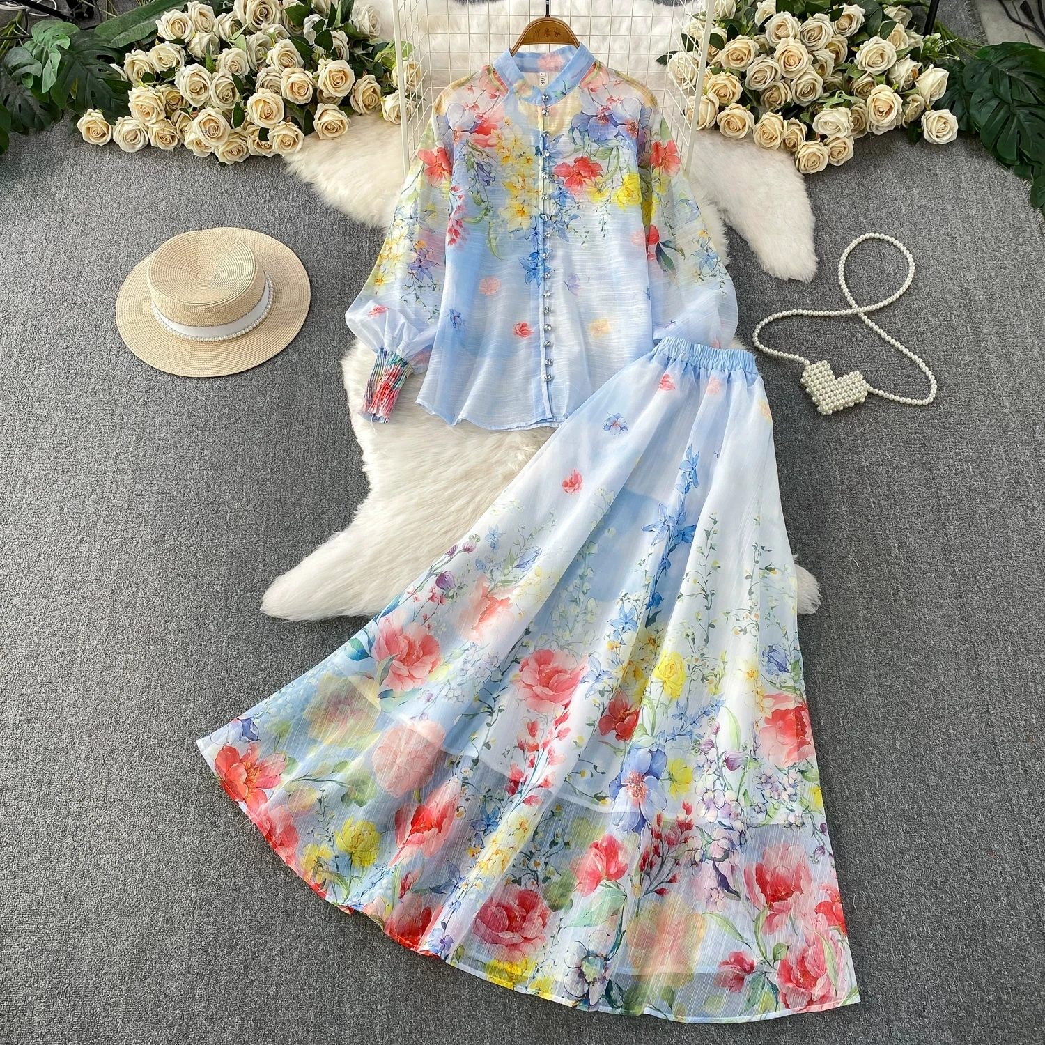 

Women Flower 2 Pieces Skirt Set Lady's Stand Collar Lantern Sleeve Single Breasted Tops + High Waist A-Line Long Skirt Outifits