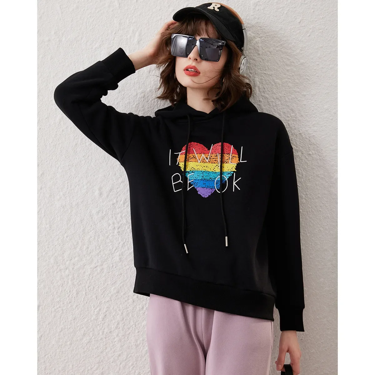 LOUIS YAO 2025 Winter Thick Velvet Sweatshirt Heart Pattern Hoodie Gradient Printed Letter Embroidered Women's Hoodie