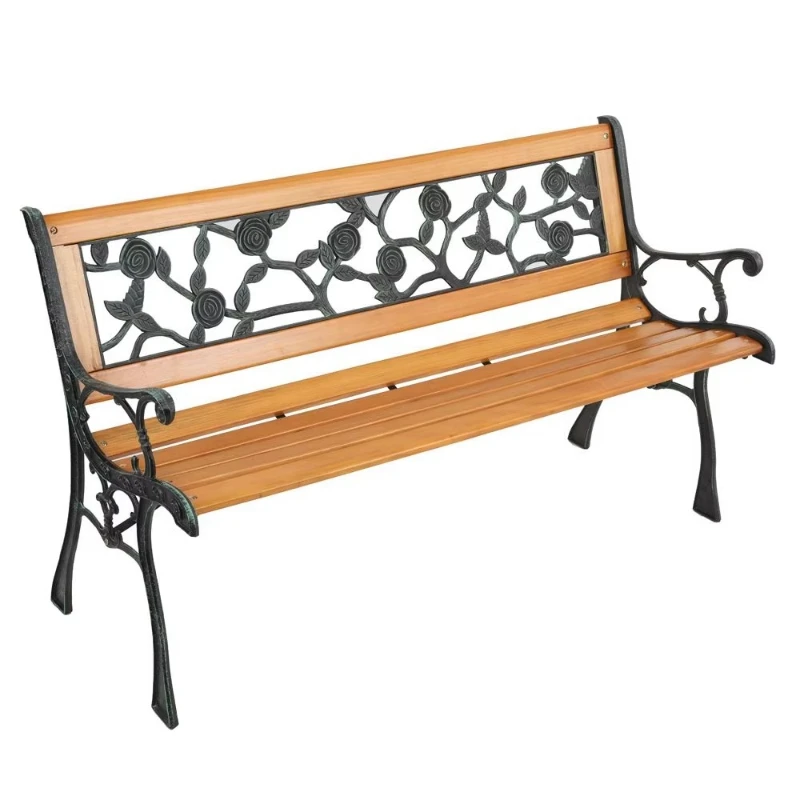 49-Inch cast iron double bench with rosette backrest, hardwood patio bench for garden, porch or patio