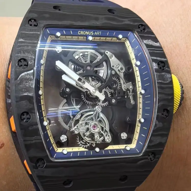 CRONUSART Men Tourbillon Watch Tonneau Manual Winding Mechanical Wristwatch Carbon Fiber Sapphire Mirror Luminous Skeleton Dial