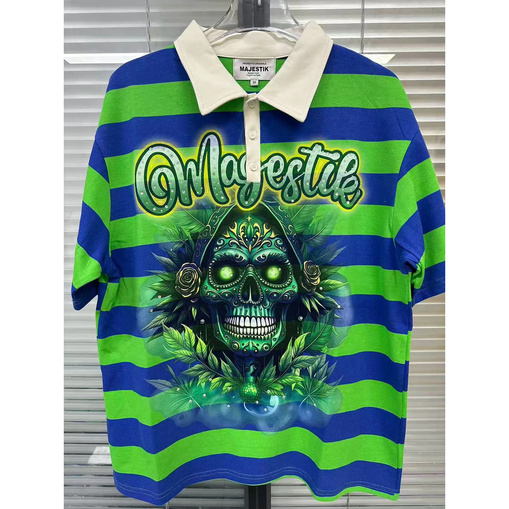 Striped Sugar Skull Polo Shirt for Men Rhinestone Letter Graphic Tshirt Tee Vintage Casual Short