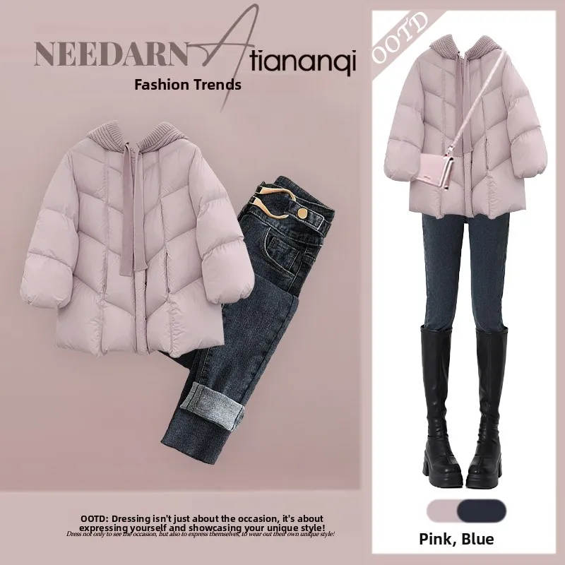 

Winter Faionable Ele Women's Loose Durable Thermal down Jaet And Straight Leg Jeans Two-Piece Set Age-Defng Outfit