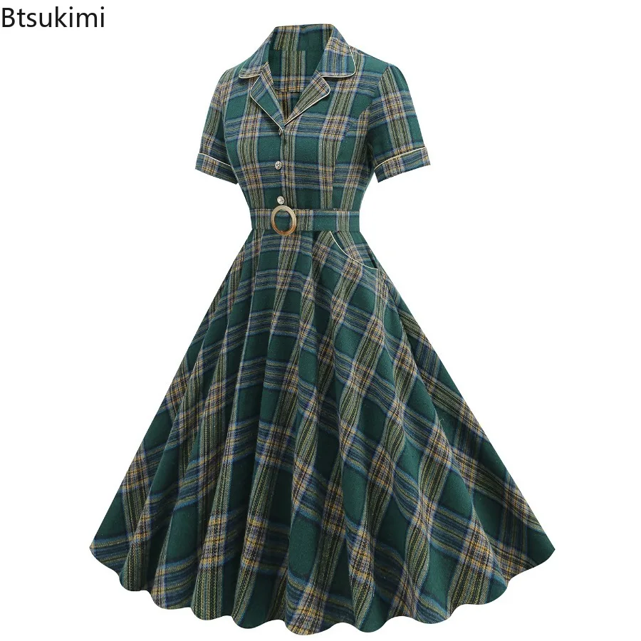 レディース ヘップバーン風 エレガント グリーン チェック柄 ヴィンテージ カジュアル ドレス 襟付き パッチワーク ビッグスイング ロカビリードレス