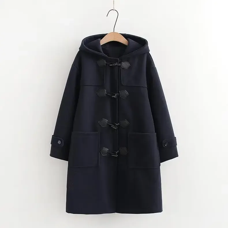 Japan Style Solid Color Horn Button Single Breasted Hooded Wool Blends Long Coats Women Winter Long Sleeve Casual Hoodie Jacket