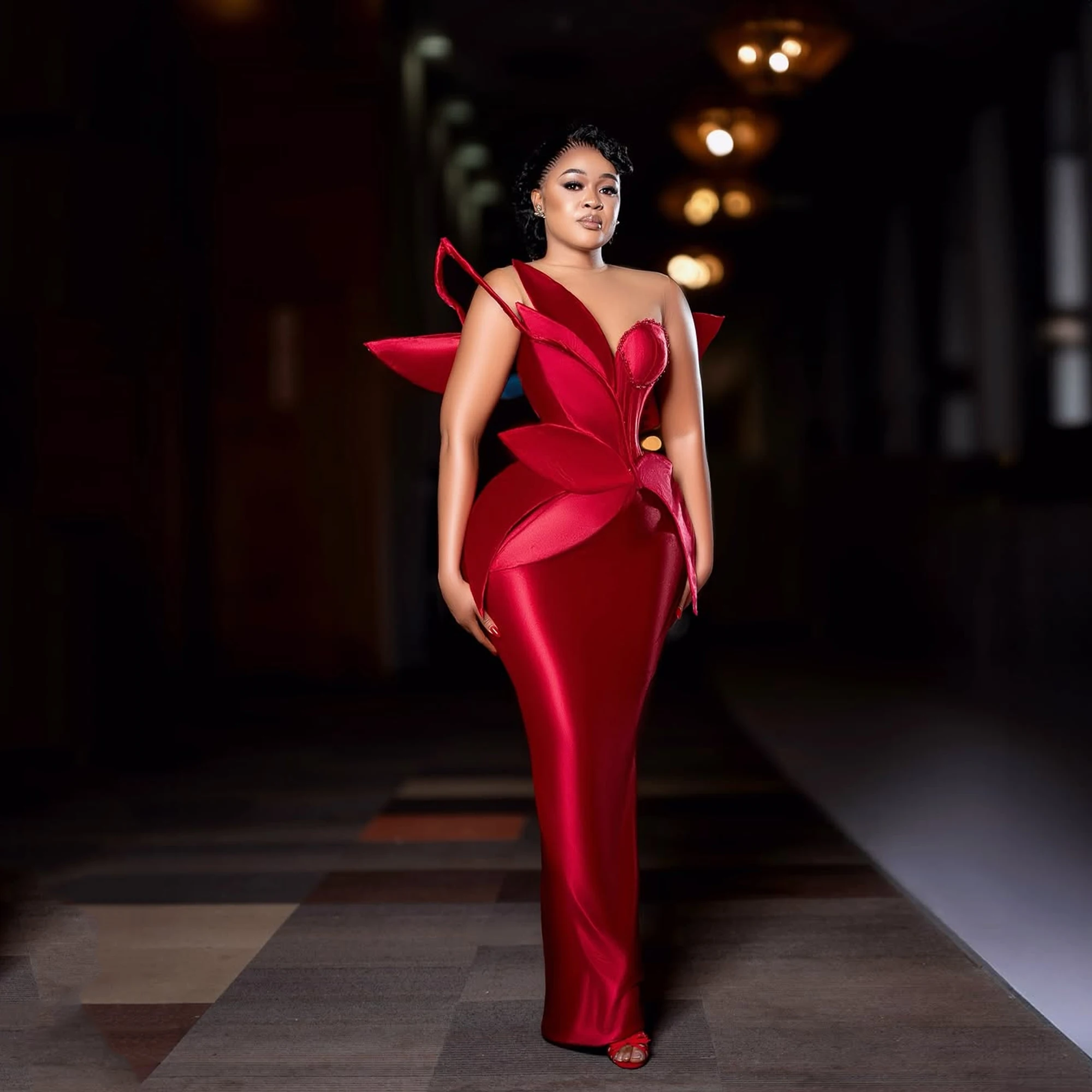 Aso Ebi Red Formal Evening Dresses for Women Straight 3D Leaf Wedding Guest Reception Birthday Party Gala Gowns Customized