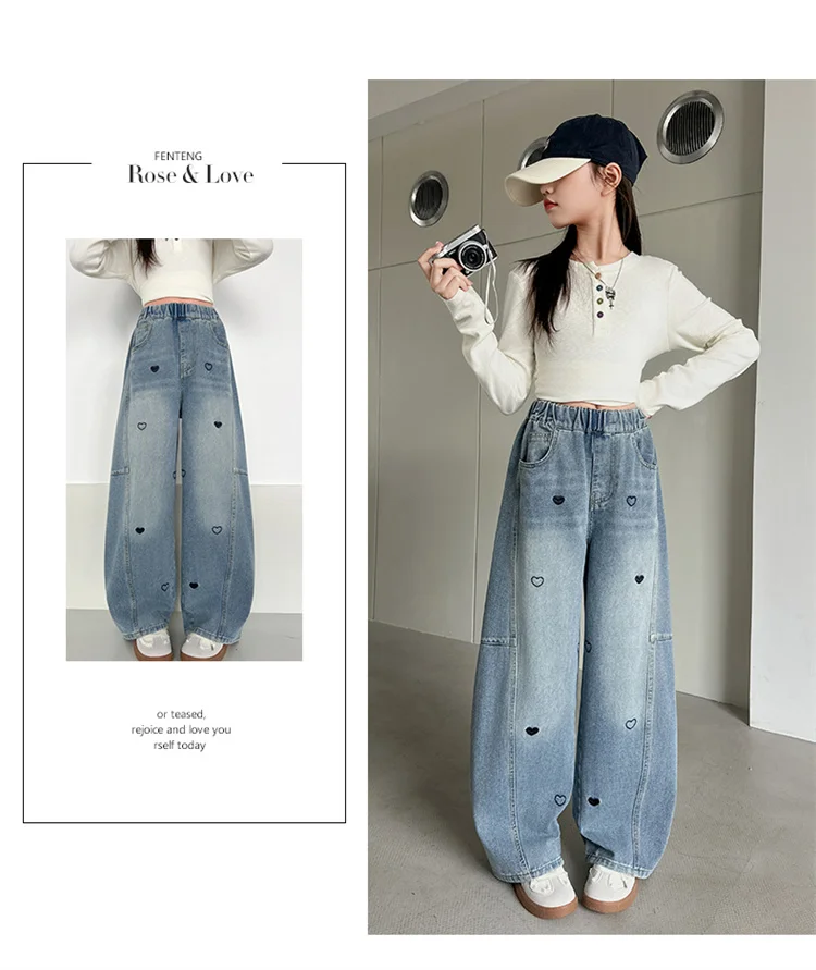Stilvolle neue Frühlings-Kinder-Baggy-Jeans mit Herz-Stickerei für Teenager-Mädchen 5 6 8 10 11 12 13 14 Jahre Kinder Casual Denim-Hosen – Detail 5