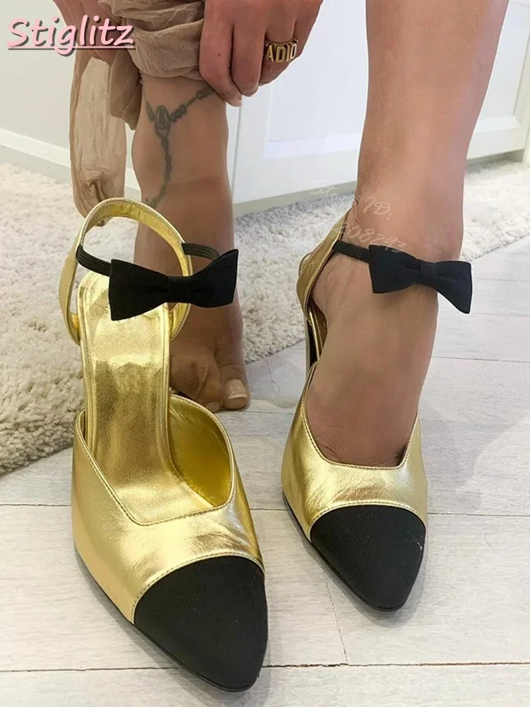 Splicing Bow Binding Sandals Pointed Toe Shallow Gold Fashion Women Shoes Special Heel Summer Spring Elegance Dress Leather Shoe
