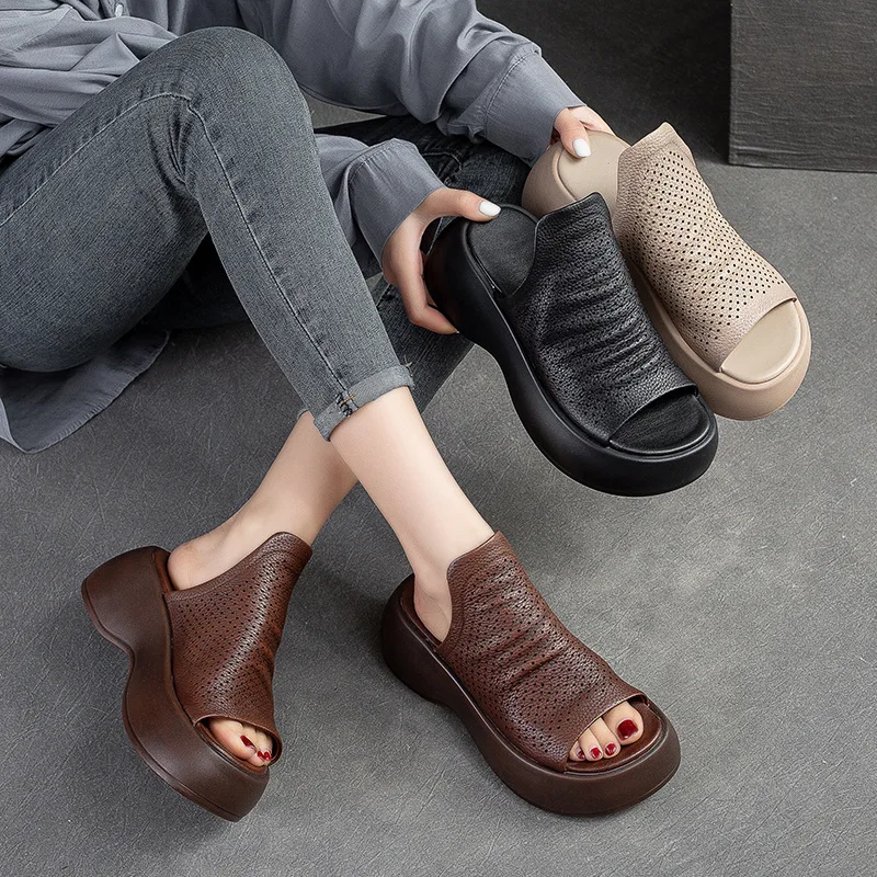 

2023 New Women Slippers Summer First layer cowhide Shoes Platform Slippers Women Black Zapatillas Mujer