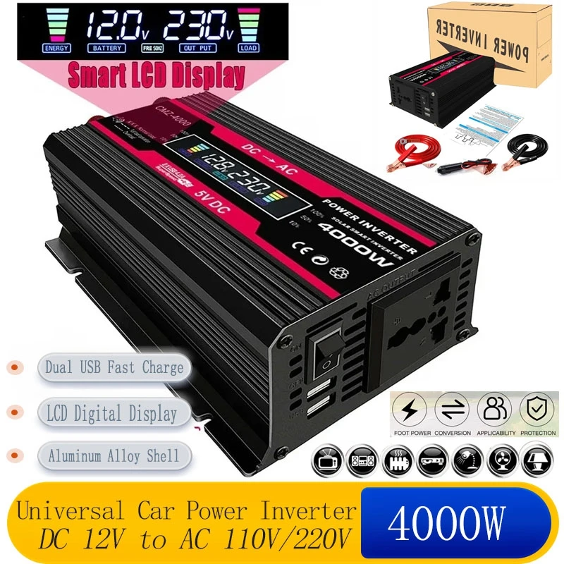 4000W Universal Power Inverter 12V to 110V / 220V Modified Sine Wave Electronic LCD Display 4.2A Fast Charge Converter