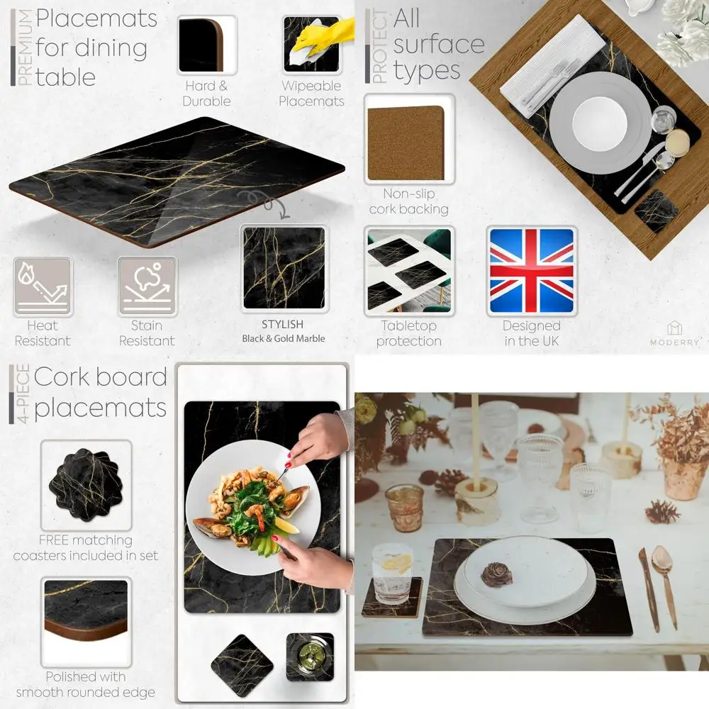 

4 Heat-Resistant Marble-Patterned Cork Placemats with Matching Coasters, 16x12 Inches (Black & Gold)