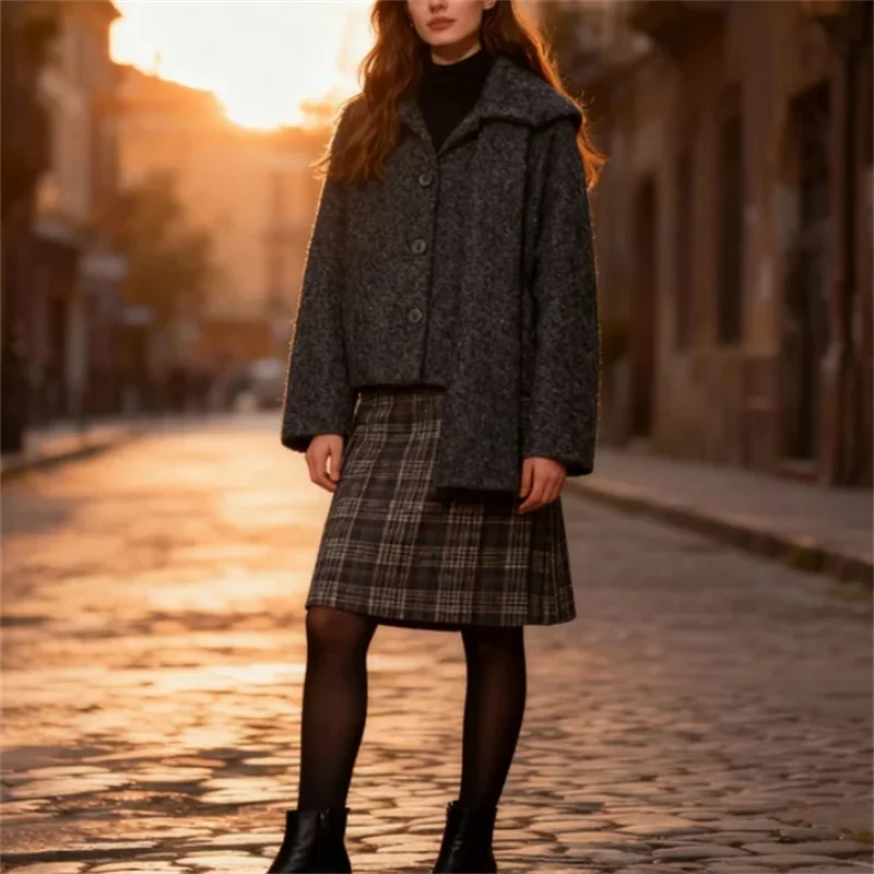 

Sexy Short Circular Wool Coat for Women with Scarf Warm Fashionable Winter Outerwear