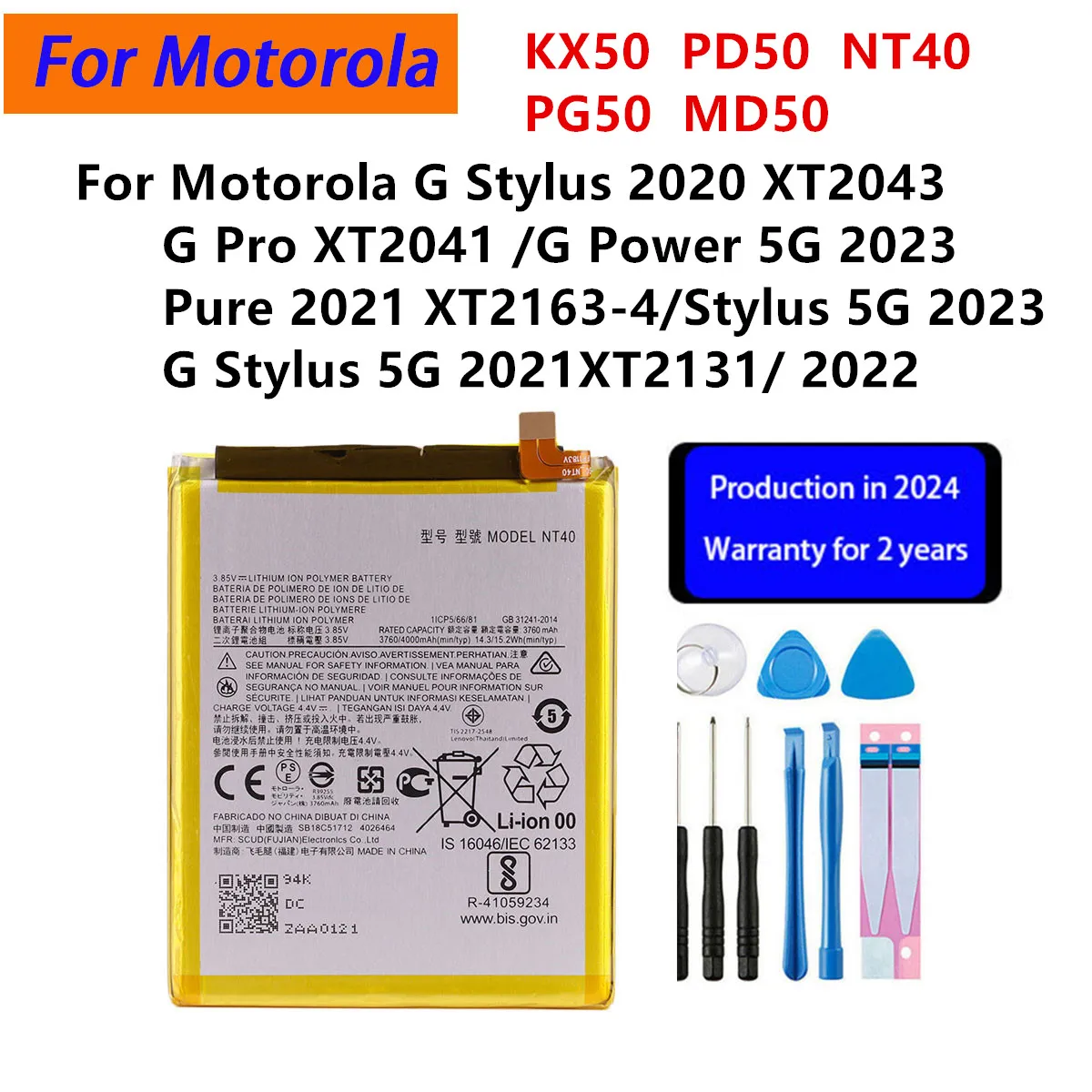 Battery KX50 NT40 PD50 PG50 MD50 For Motorola MOTO G Stylus 2020  Pure 2021 Power 5G 2023 Stylus 5G 2023 Phone Batteries+Tools