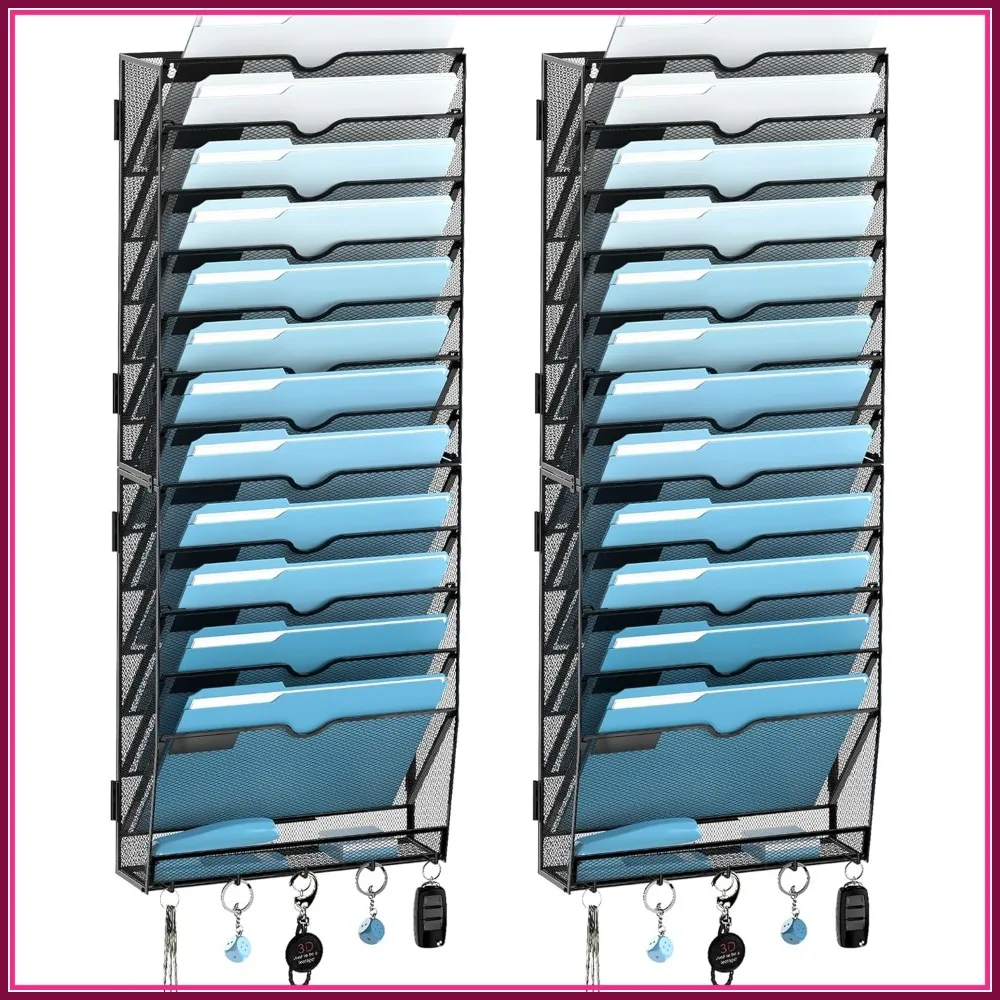 

13-Tier Mesh Hanging File Organizer with Hooks, Wall Mounted for Papers, Folders, Office Magazine Rack, Black 2 Pack