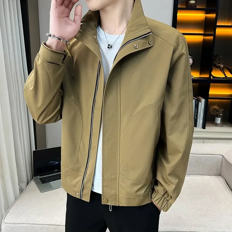 Men's Spring and Autumn New Simple Loose Casual Long-sleeve Jacket, Solid Color Fashion and Handsome Lapel Zipper Cargo Coat