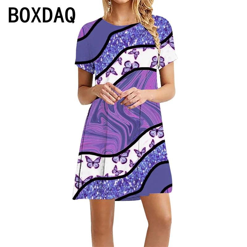 

Summer Round Neck Short Sleeve Casual Dress 3D Colorful Gradient Printed Mini Dress 5XL 6XL Oversized Women's Beach Dresses