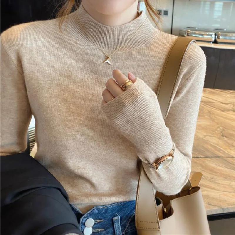 

Winter Girls Classic Half High Neck Knitted Tops Lady Korean Daily Pullover Sweaters Women Slim Fit Sweaters Clothes