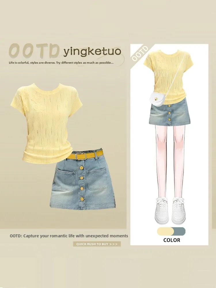 

Slimming Hollow out Short Sleeve T-Shirt And Denim Short Skirt Set for Women Summer Fashion Outfit High Waist Short Length