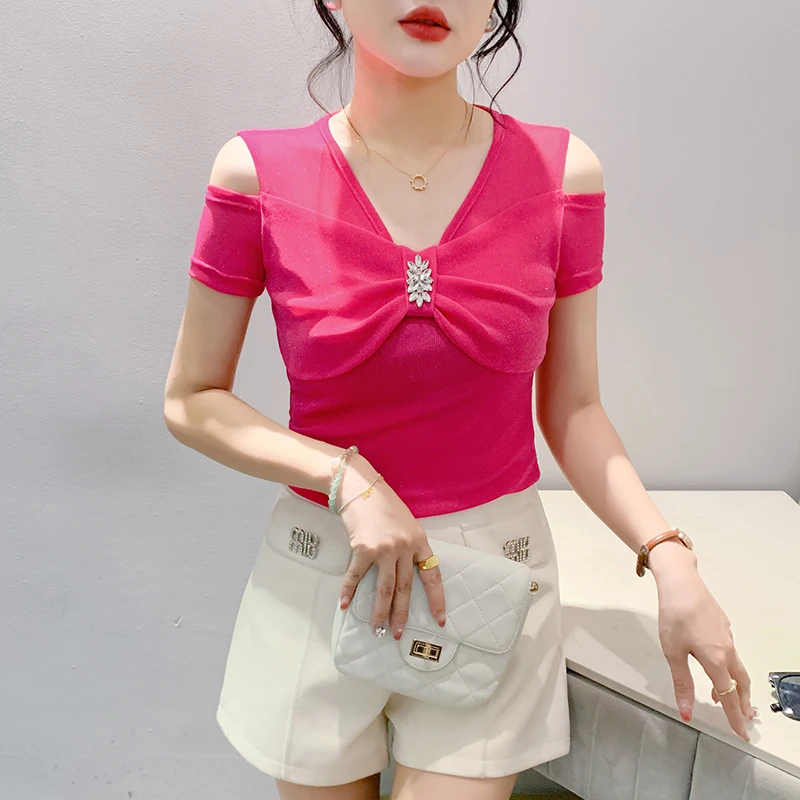 T-Shirt Noir à Manches Courtes et Col en V pour Femme, Vêtement Chic, Sexy, Évidé, Diamants Brillants, Nministériels d Papillon, Style Coréen, Été, 2024, Nouveau, 46040