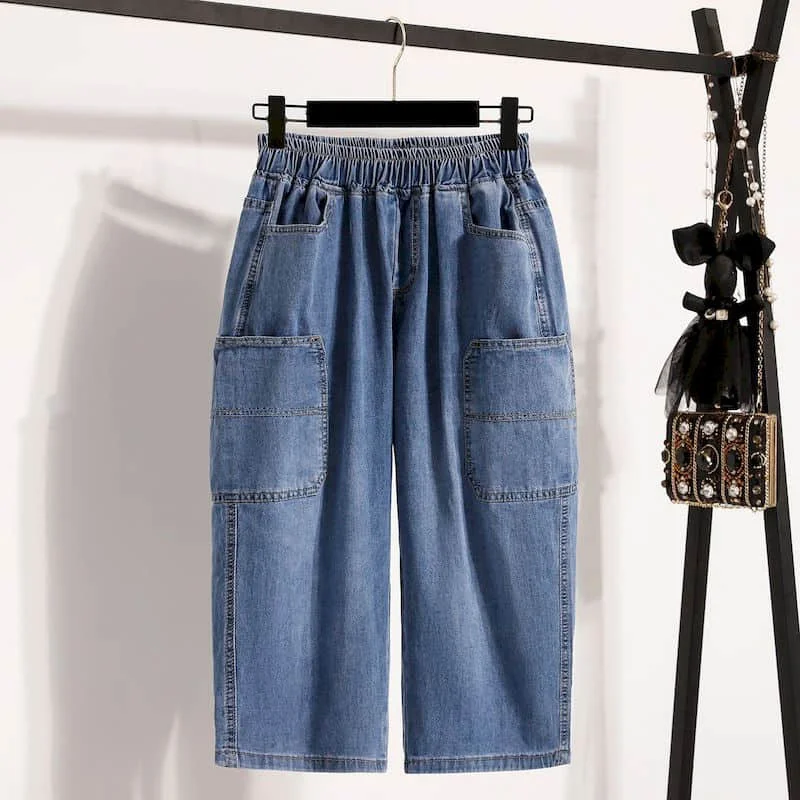 Denim Harem Pants for Women 2026 Summer Workwear Casual Tapered Pants Korean Style Elastic Waist Capri Pants Vintage Clothes