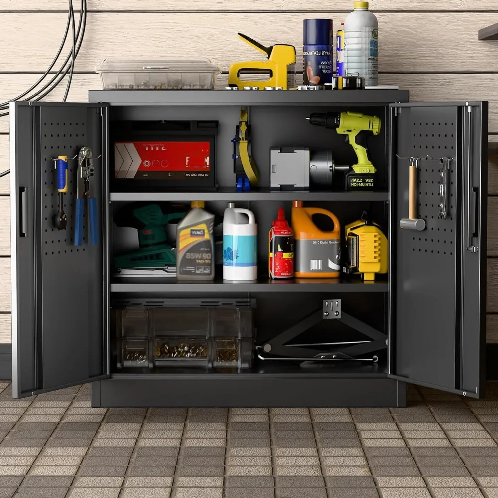 خزانة تخزين جراج صغيرة 31.5 ساعة مع لوح بيجبورد، خزانة تخزين ملفات قابلة للقفل مع رفين قابلين للتعديل للمرآب