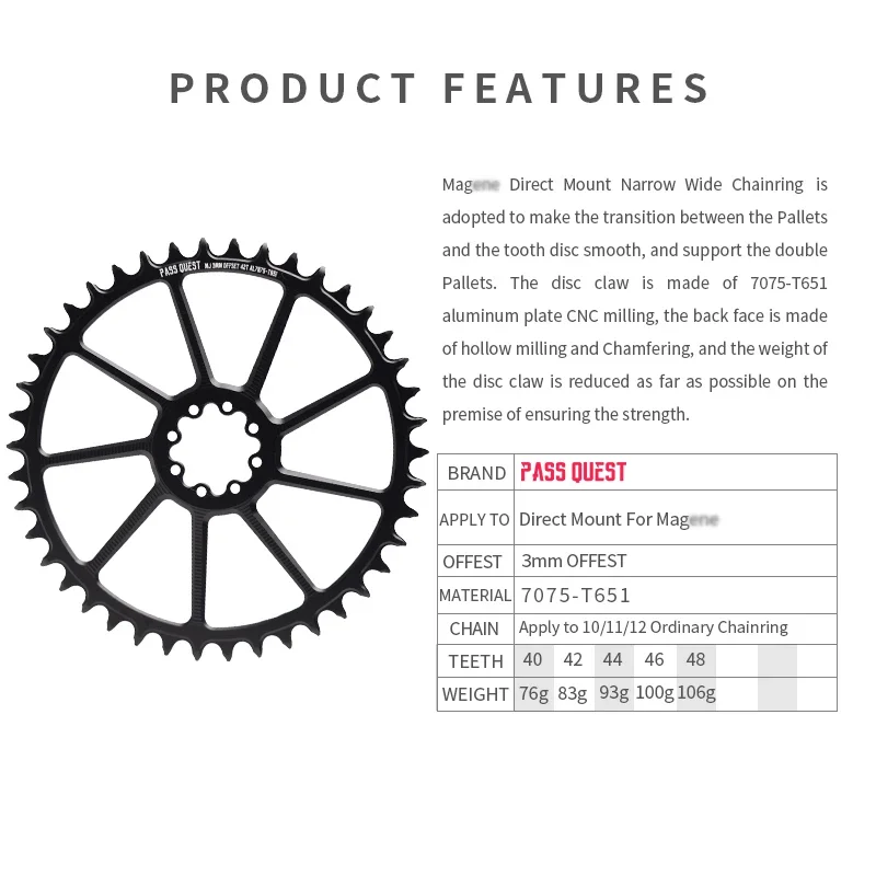 PASS QUEST-3mm Offset for Direct Mount Crank Round Chainring Narrow Wide Chainring apply to MTB  Road Bicycles   40T-48T