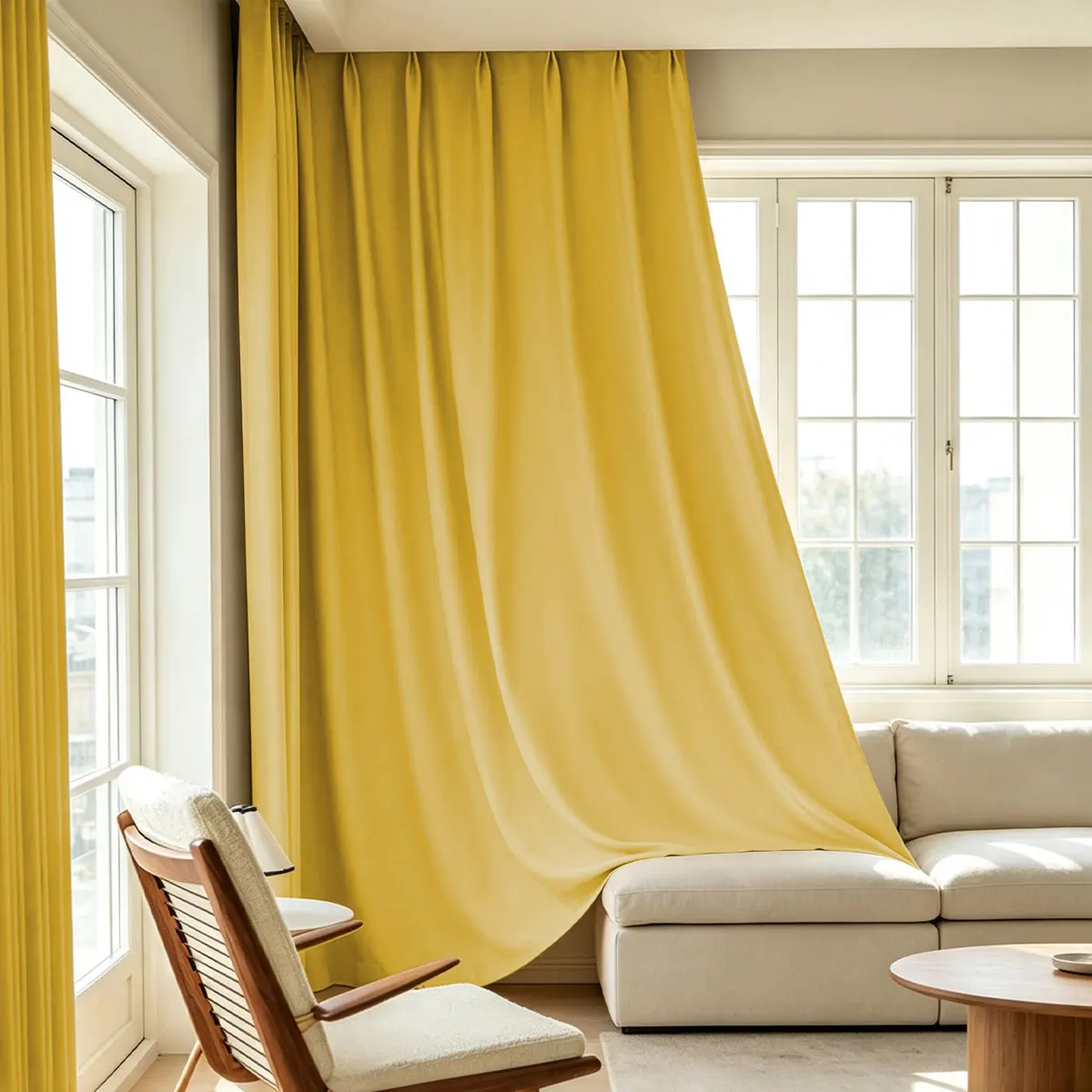 2 Panels Mustard Yellow Blackout Curtains, Cream Style Solid Color Thermal Insulated Window Drapes for Bedroom Living Room