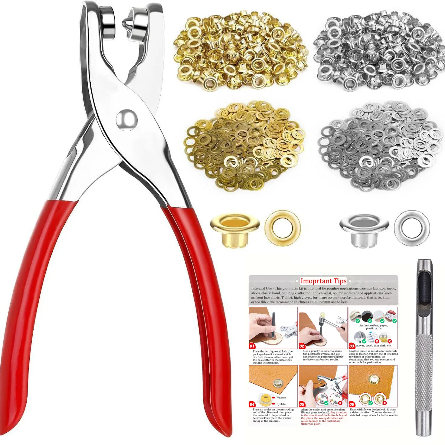 1/4 Inch 6mm(Inside Diameter) Grommet Eyelet Pliers Tool Kit , Eyelet Pliers Kit With Hole Punch and Metal Eyelets and Washers,