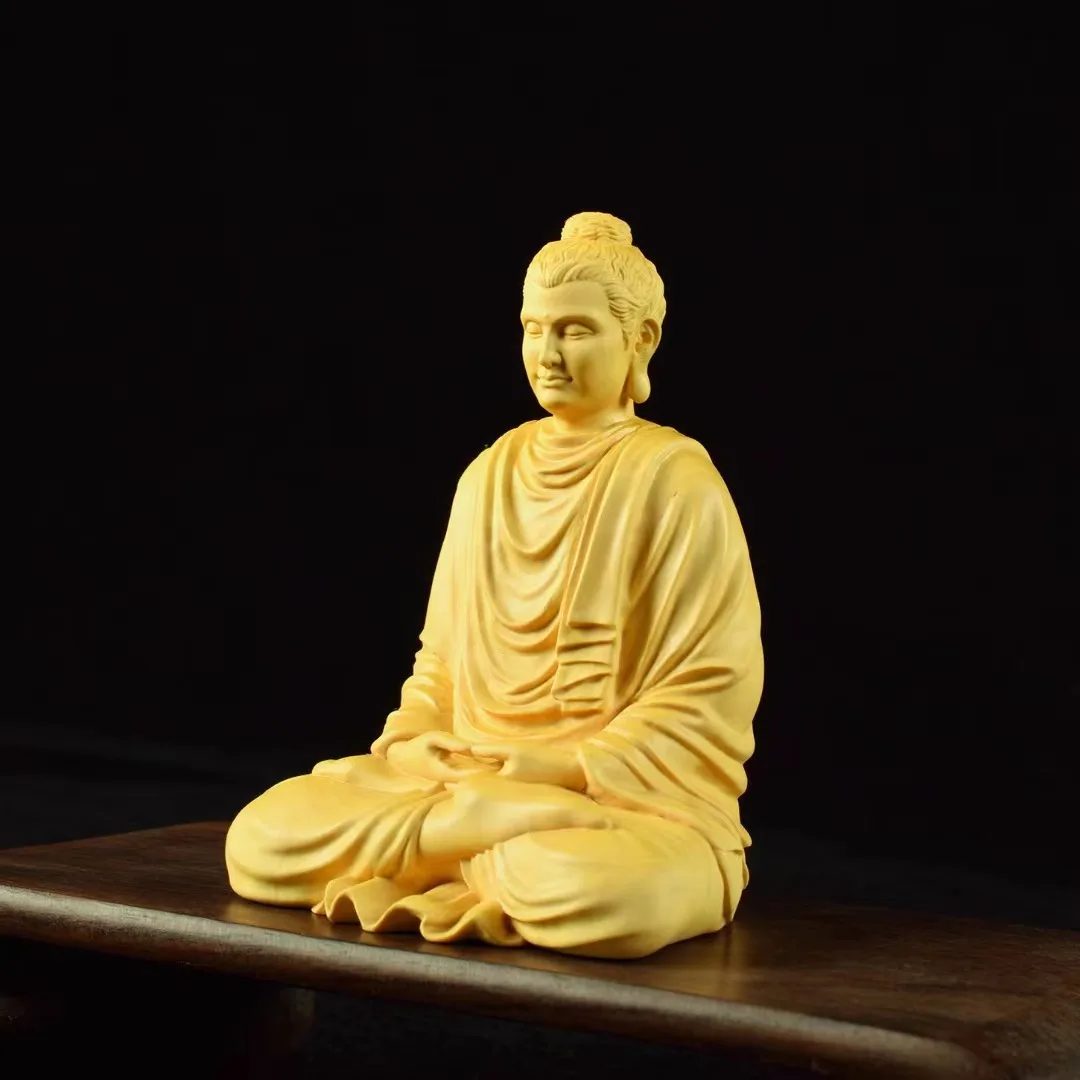 Natural Boxwood Shakyamuni Buddhist Statue, Solid Wood Carving，Lndian Figure Buddha，Home Room Office Feng Shui Statue