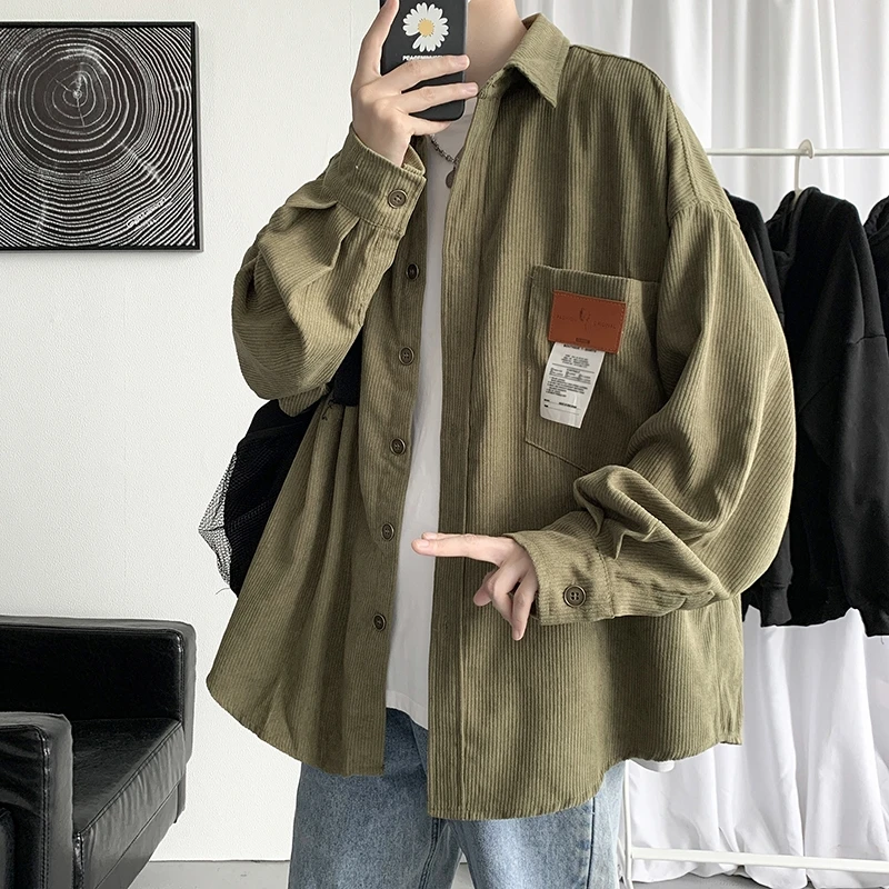 2024 New Men\'s Corduroy Shirts  Casual Fashion Solid Color Autumn Loose Streetwear Shirt Men Japanese Vintage Style Blouse