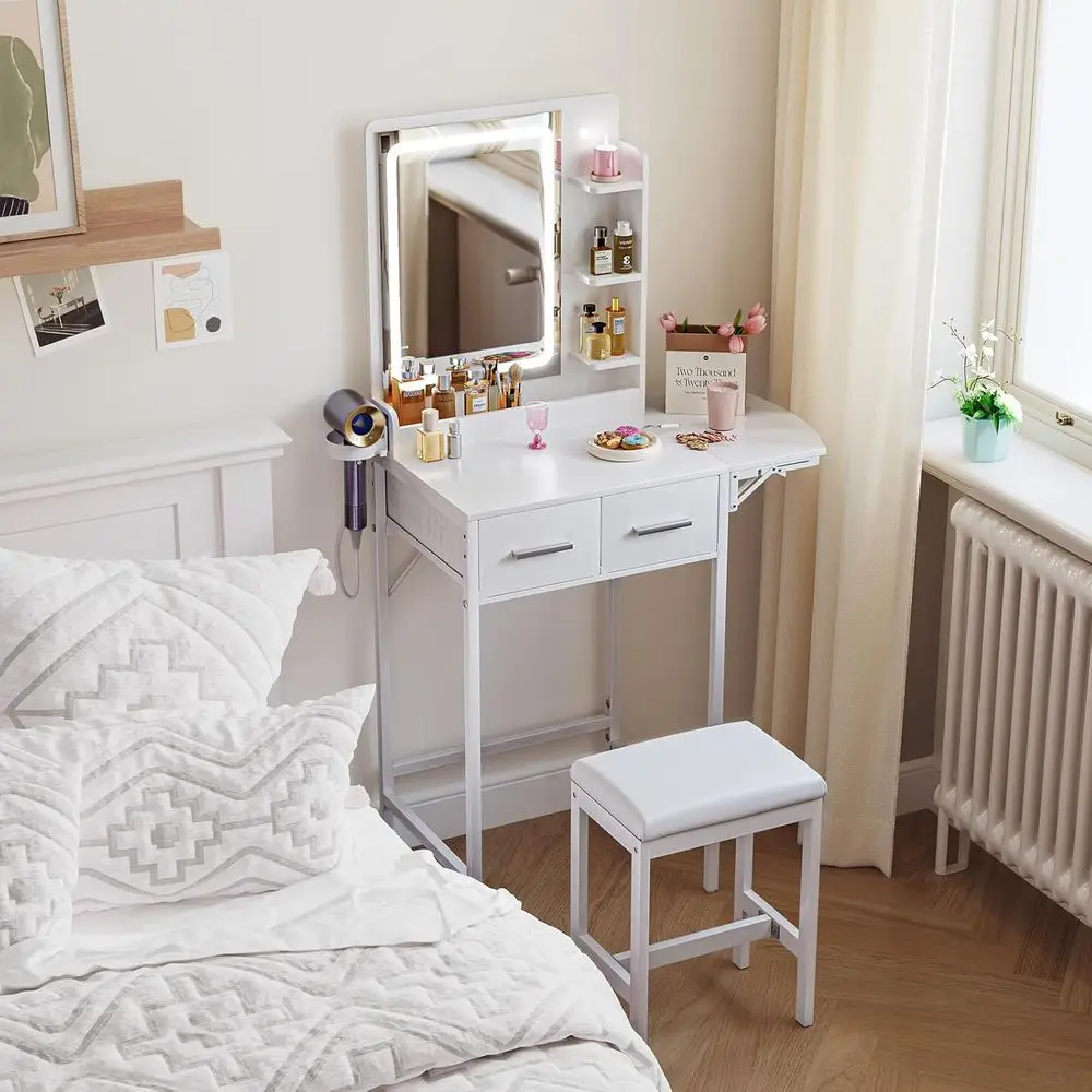 Meja Rias Kompak dengan Cermin untuk Ruang Sempit: Set Meja Mini Putih untuk Kamar Tidur Anak Perempuan