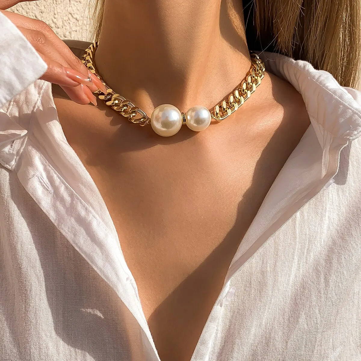 Vintage Punk Cuban Chains Necklaces Women Gothic Imitation-Pearl Pendant Necklace Girl Chokers Fashion Accessories Jewellery image 2