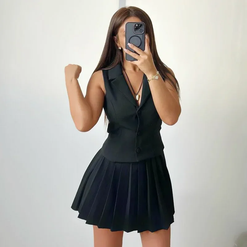 Passende Sets Weste einreihig festes Kleid setzt Frauen Falten röcke Mini kleid sexy Slim Fit Basics gespleißt Knopf