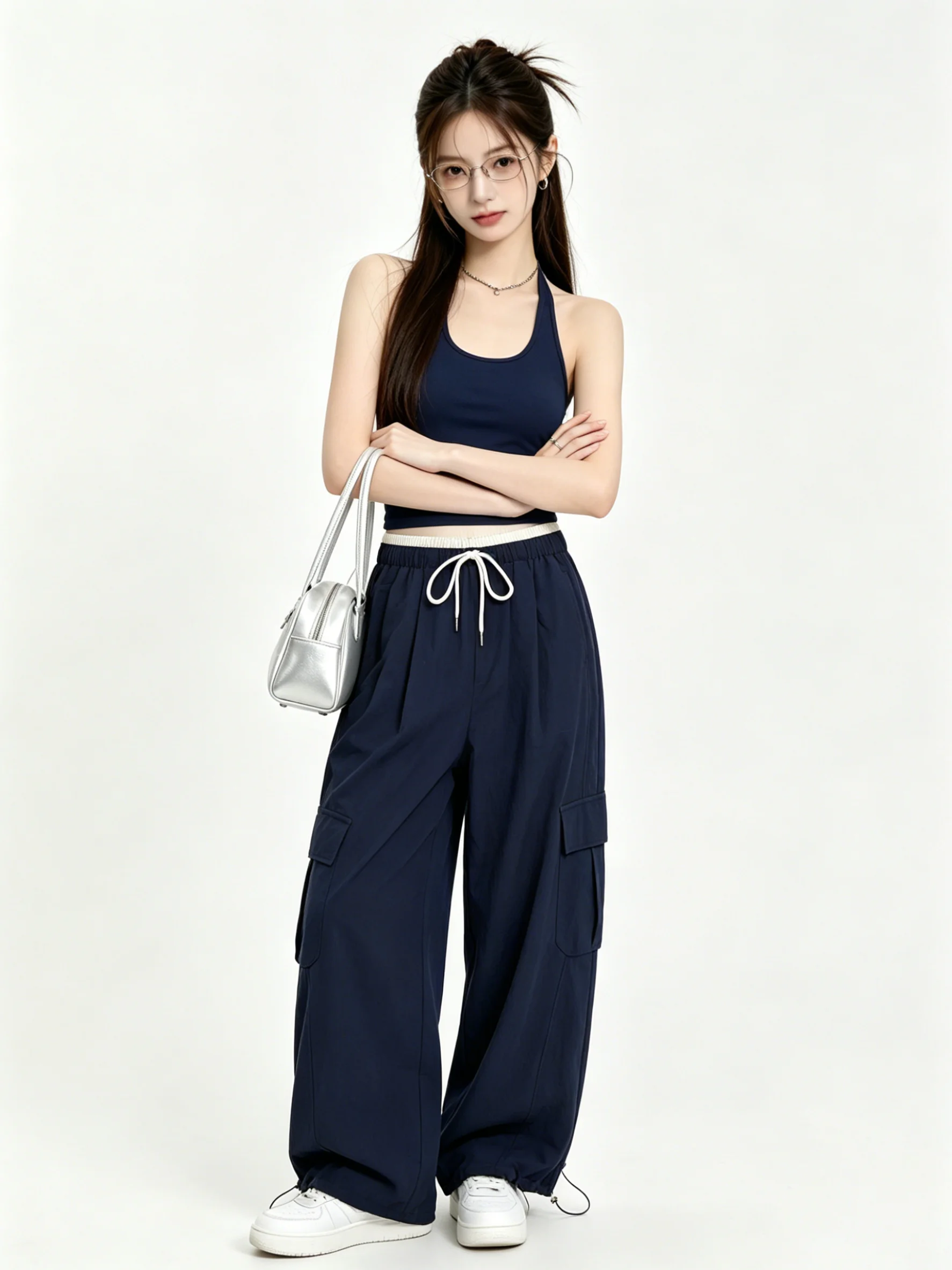 Retro Loose Wide Leg Pants Elastic Waist Cargo Style Summer Casual Loose Slimming Multi-Pocket Knife  Trousers