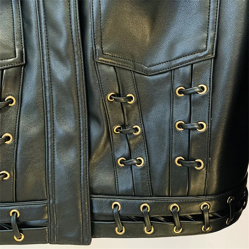 Women's leather jacket New autumn 2025 chicken hole lace up slim fit long sleeved top Metal button decoration short jacket coat