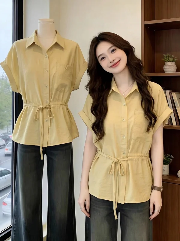 

Yellow Short Sleeve Shirt Women's Loose Fit Korean Style Commute Fashion Dyeable Sweet And Salty Dopaamine Shoulder Tie Waist...