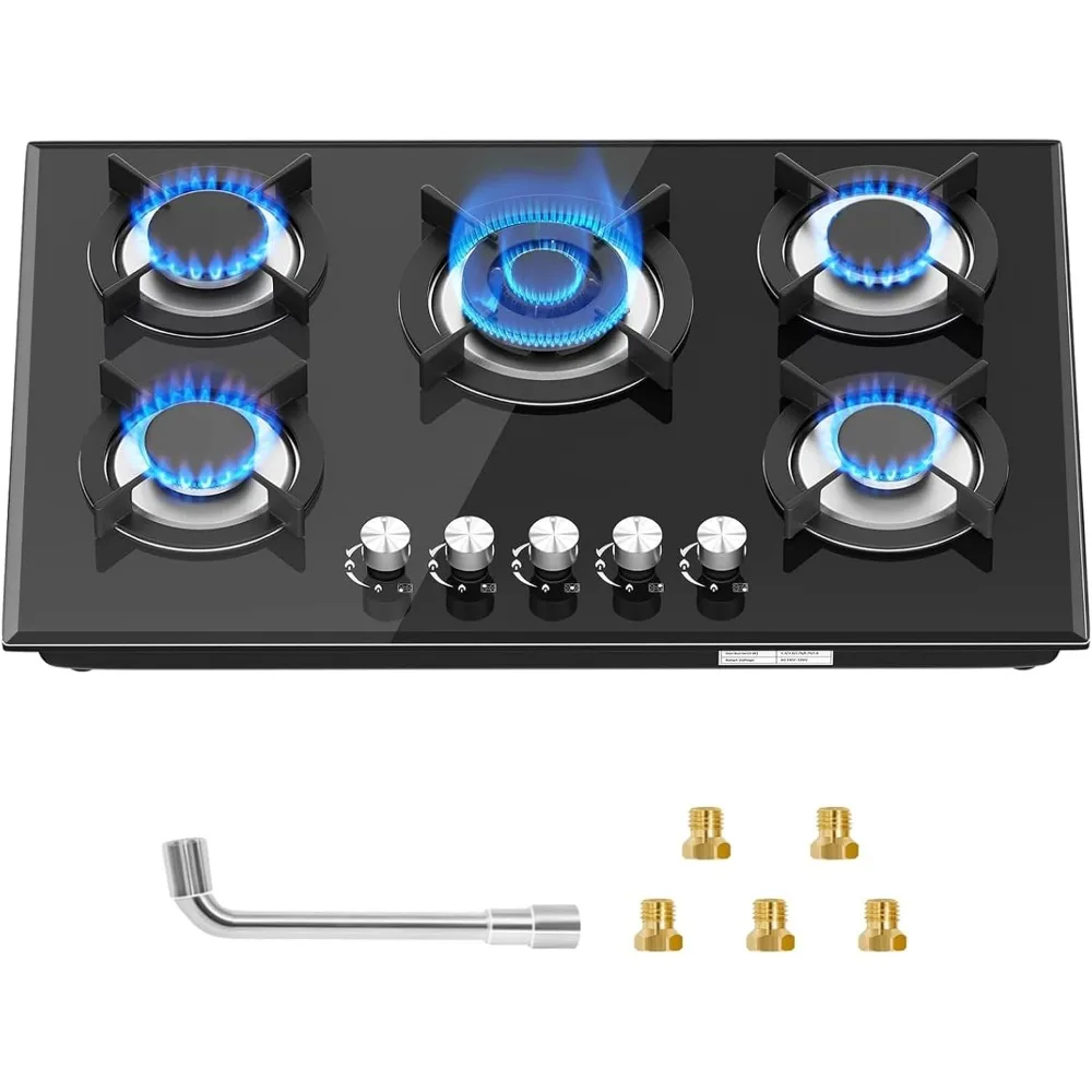 Estufa de gas de 30 pulgadas con 5 quemadores, estufa de vidrio templado integrada, GPL/NG Convertible, 3-55,900 BTU, protección contra llamas, eléctrica