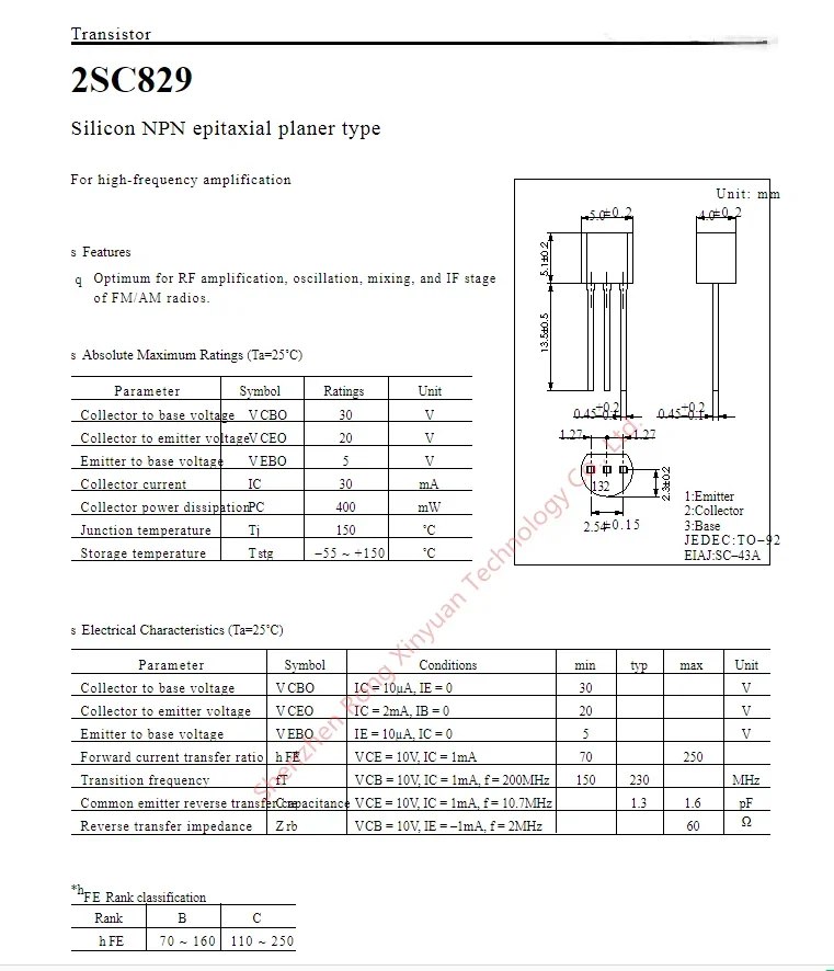 2SC829-C 2SC829 C829 TO-92 نوع المسوي الفوقي السيليكون NPN. للتضخيم عالي التردد 100% أصلي جديد