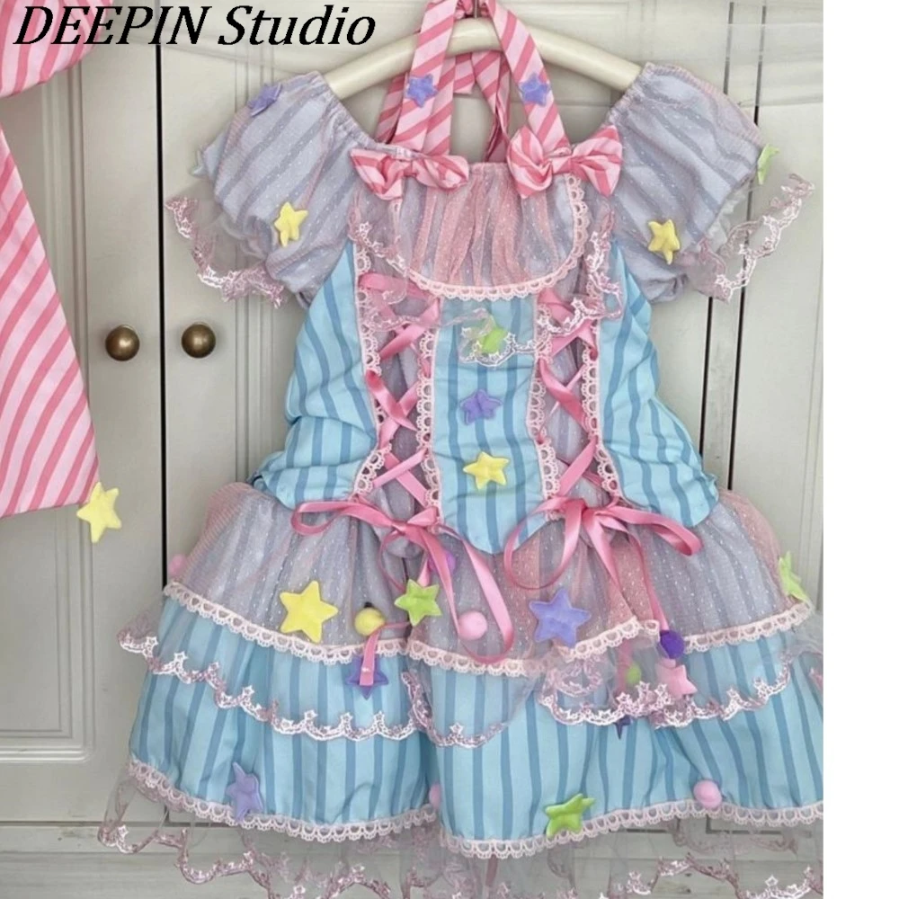 

Children Girl Lolita Dress 2024 NEW Star Sweet Bubble Sleeves Girls Princess Dresses Stripe Pageant Party Costumes for Kids