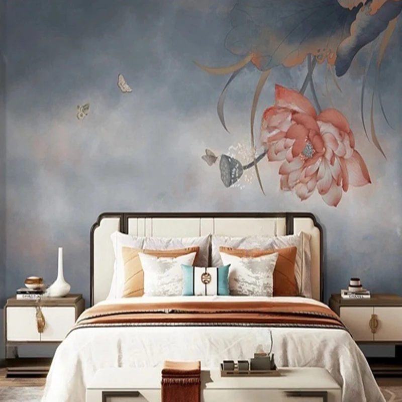 Vintage New Chinese Style Lotus Mural Wallpaper Custom Hand-Painted Ink Floral Design for Elegant Living Room Study Wall Décor