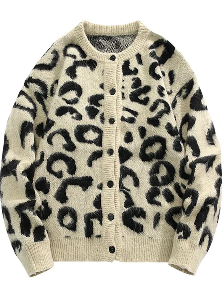 레트로 아메리칸 컬러 블록 레오파드 프린트 니트 소프트 스웨터 카디건 남녀 공용 독특한 디자인 캐주얼 따뜻한 옷