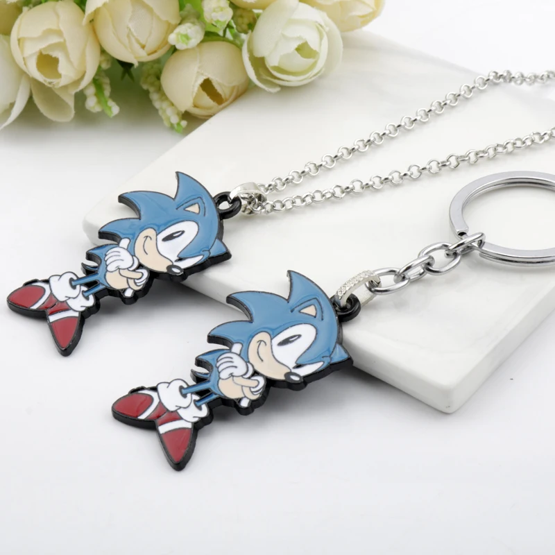Cartoon Movie Sonics Necklace Keychain Kawaii Anime Figure Enamel Keyring Men Women Pendants Jewelry Accessories Gift