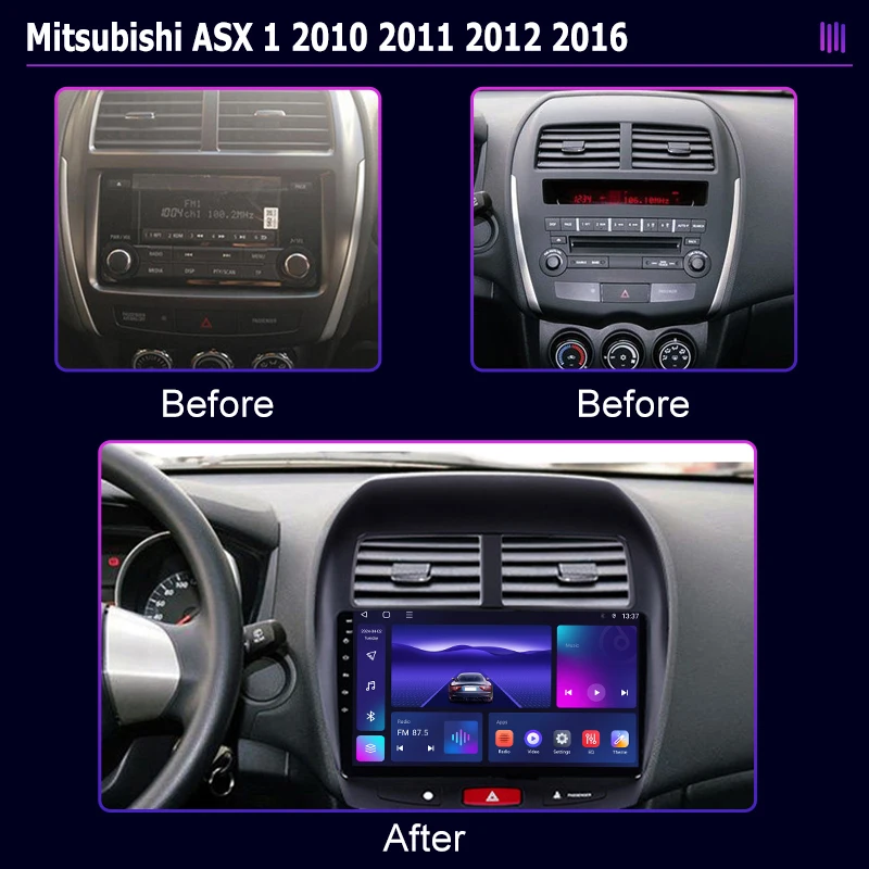 GPS Navigation Multimedia Player with Stereo Screen for Mitsubishi ASX 1 (2010-2016), featuring Video and Tape capabilities