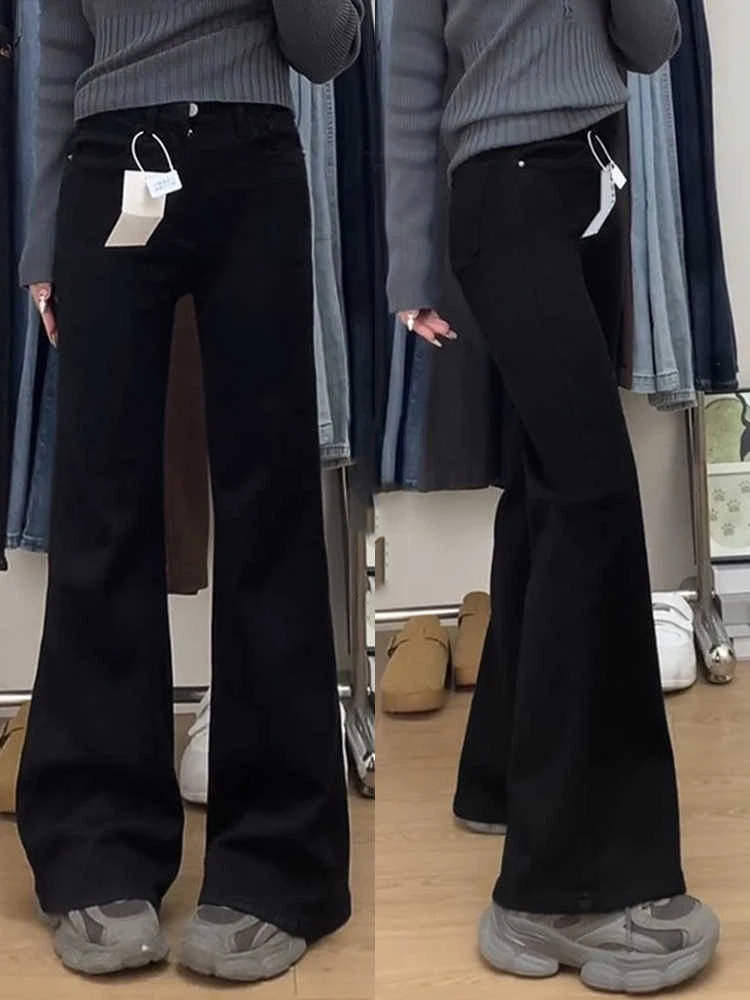 

High Waist Flared Jeans Women's Loose Fit Black Wide Leg Pants Casual Cotton Stretch Denim Bootcut Trousers Autumn Wear